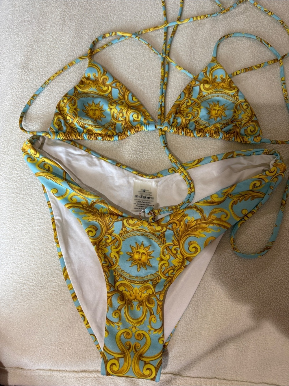 Monica Hansen beach Sun luxury Italy Yellow and Blue Baroque Triangle Bikini Set